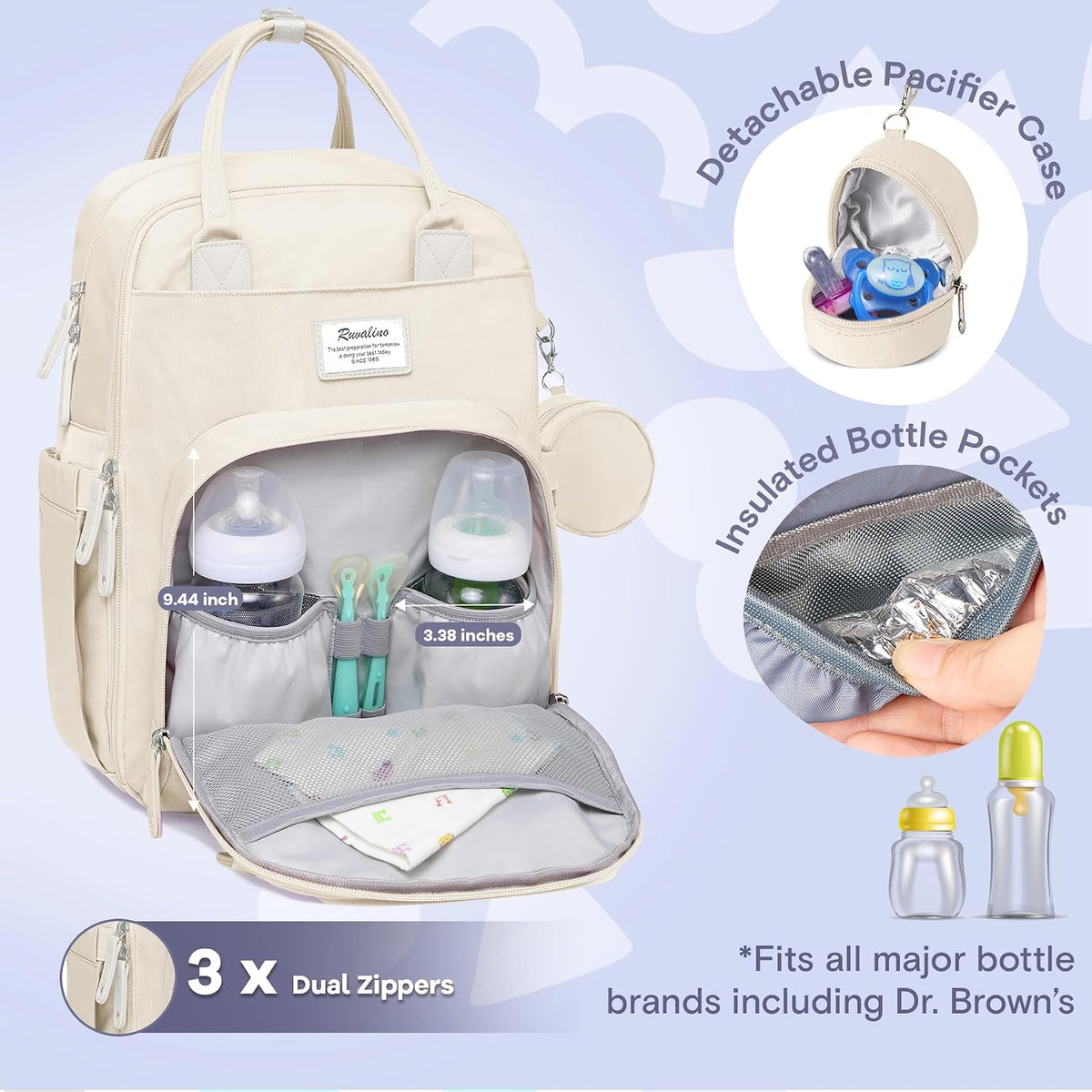 Diaper Bag Backpack-Multifunction Travel Baby Diaper Bag with Changing Pad, Insulated Bottle Holders & Pacifier Case, Large Capacity, Waterproof, Gray