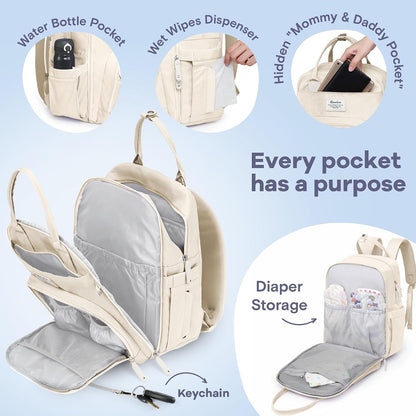 Diaper Bag Backpack-Multifunction Travel Baby Diaper Bag with Changing Pad, Insulated Bottle Holders & Pacifier Case, Large Capacity, Waterproof, Gray