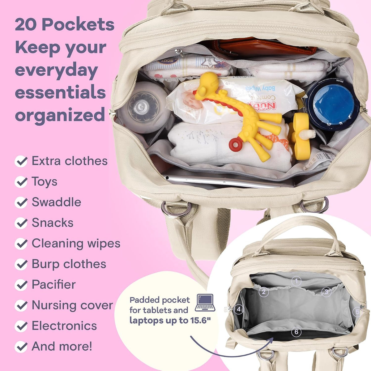 Diaper Bag Backpack-Multifunction Travel Baby Diaper Bag with Changing Pad, Insulated Bottle Holders & Pacifier Case, Large Capacity, Waterproof, Gray