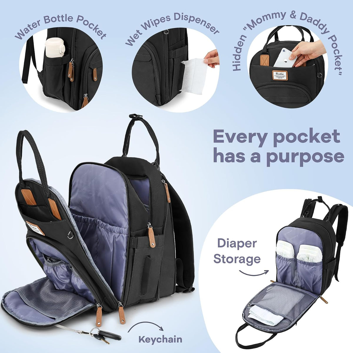Diaper Bag Backpack-Multifunction Travel Baby Diaper Bag with Changing Pad, Insulated Bottle Holders & Pacifier Case, Large Capacity, Waterproof, Gray