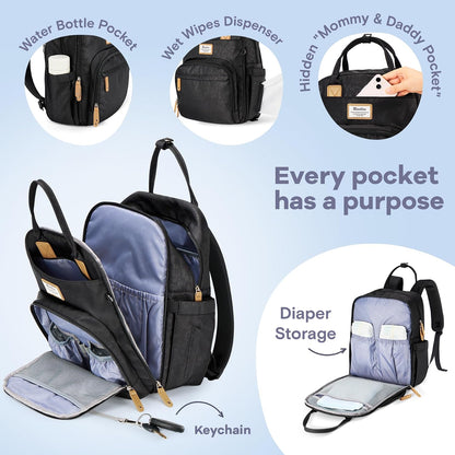 Diaper Bag Backpack-Multifunction Travel Baby Diaper Bag with Changing Pad, Insulated Bottle Holders & Pacifier Case, Large Capacity, Waterproof, Gray