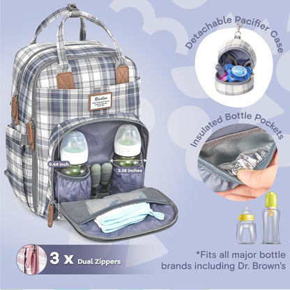 Diaper Bag Backpack-Multifunction Travel Baby Diaper Bag with Changing Pad, Insulated Bottle Holders & Pacifier Case, Large Capacity, Waterproof, Gray