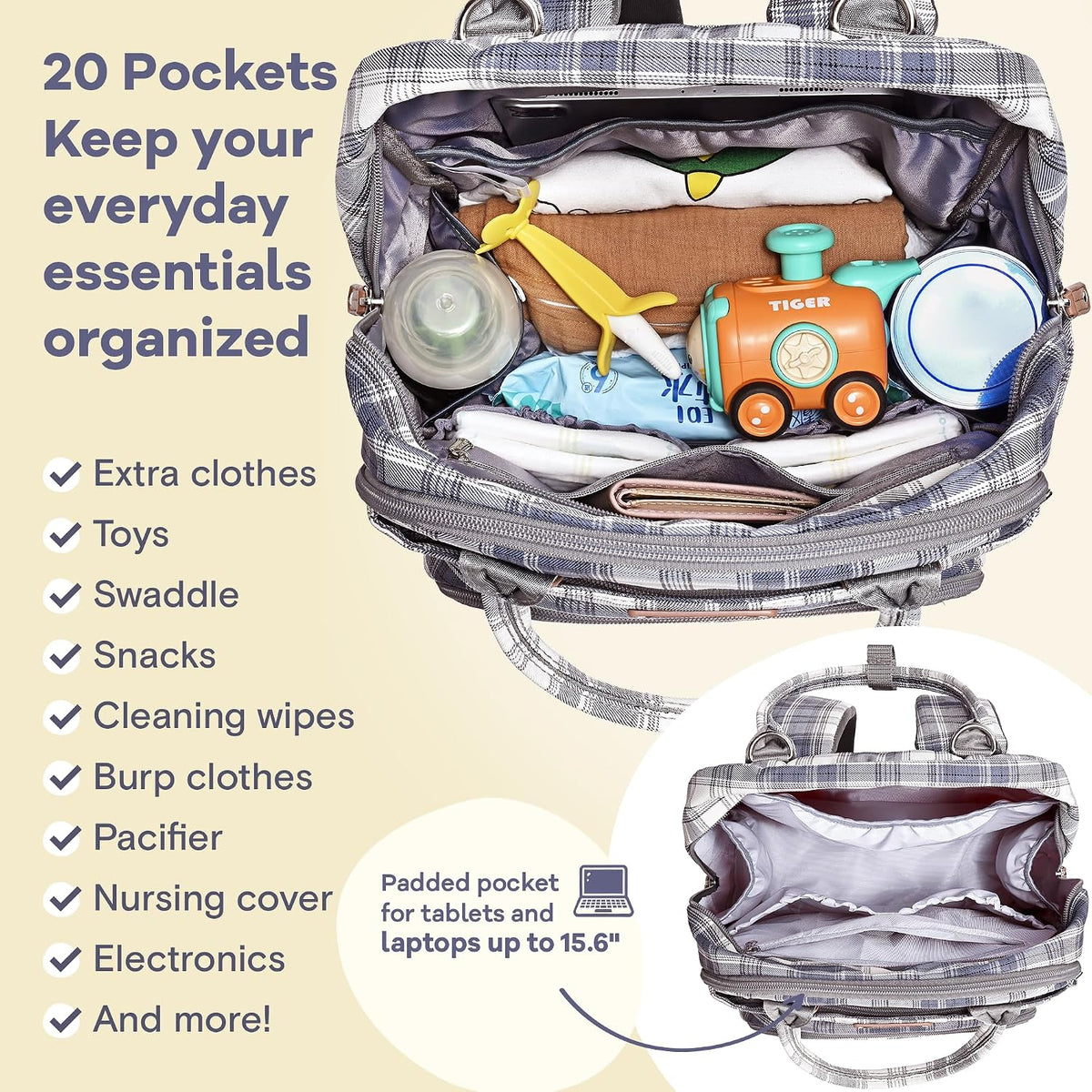 Diaper Bag Backpack-Multifunction Travel Baby Diaper Bag with Changing Pad, Insulated Bottle Holders & Pacifier Case, Large Capacity, Waterproof, Gray