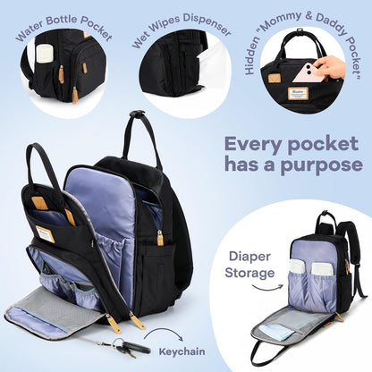 Diaper Bag Backpack-Multifunction Travel Baby Diaper Bag with Changing Pad, Insulated Bottle Holders & Pacifier Case, Large Capacity, Waterproof, Gray