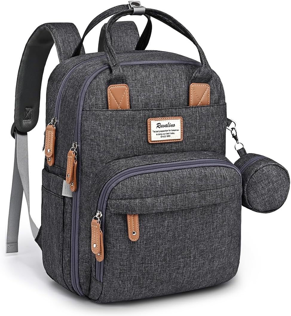Diaper Bag Backpack-Multifunction Travel Baby Diaper Bag with Changing Pad, Insulated Bottle Holders & Pacifier Case, Large Capacity, Waterproof, Gray