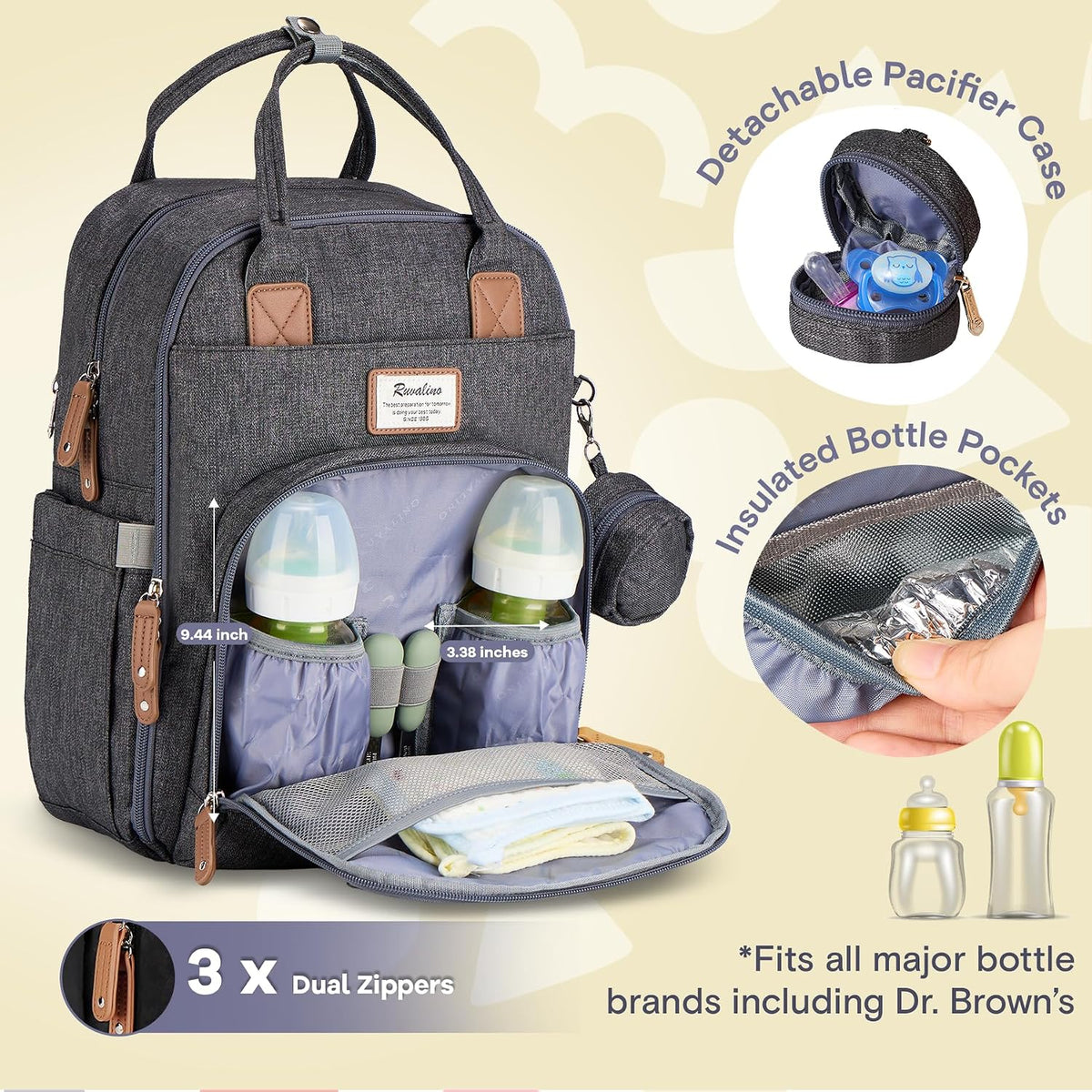 Diaper Bag Backpack-Multifunction Travel Baby Diaper Bag with Changing Pad, Insulated Bottle Holders & Pacifier Case, Large Capacity, Waterproof, Gray