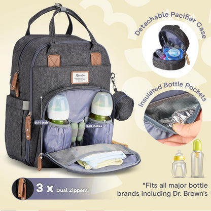 Diaper Bag Backpack-Multifunction Travel Baby Diaper Bag with Changing Pad, Insulated Bottle Holders & Pacifier Case, Large Capacity, Waterproof, Gray