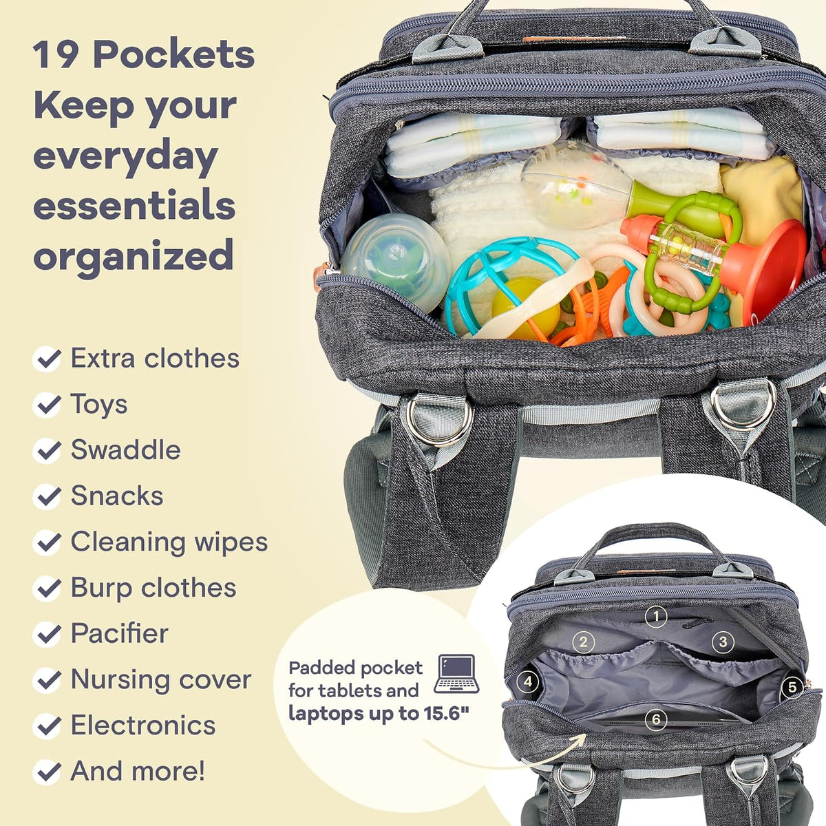 Diaper Bag Backpack-Multifunction Travel Baby Diaper Bag with Changing Pad, Insulated Bottle Holders & Pacifier Case, Large Capacity, Waterproof, Gray