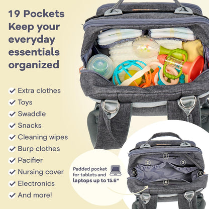 Diaper Bag Backpack-Multifunction Travel Baby Diaper Bag with Changing Pad, Insulated Bottle Holders & Pacifier Case, Large Capacity, Waterproof, Gray