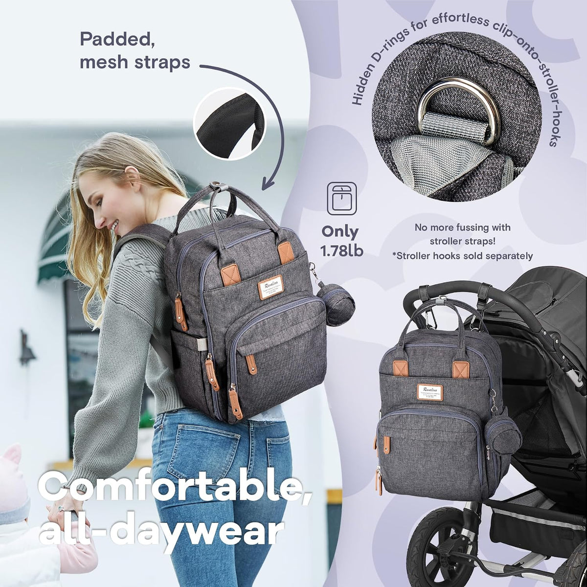 Diaper Bag Backpack-Multifunction Travel Baby Diaper Bag with Changing Pad, Insulated Bottle Holders & Pacifier Case, Large Capacity, Waterproof, Gray