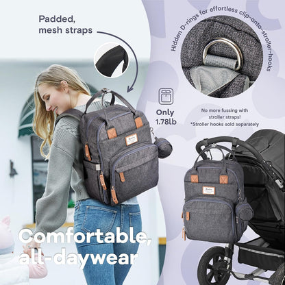 Diaper Bag Backpack-Multifunction Travel Baby Diaper Bag with Changing Pad, Insulated Bottle Holders & Pacifier Case, Large Capacity, Waterproof, Gray
