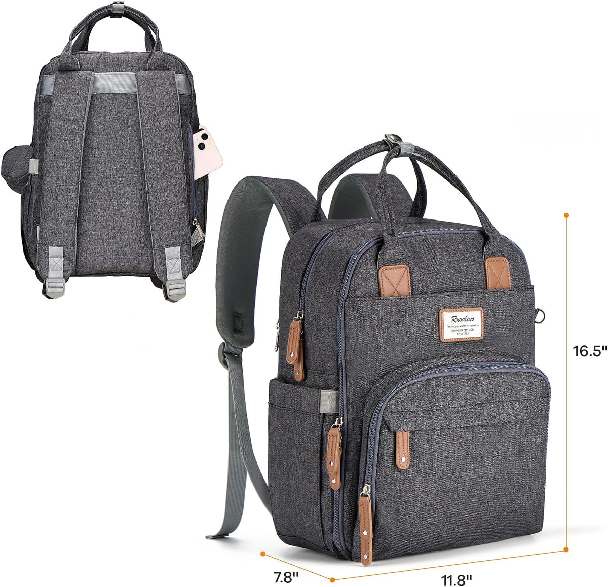 Diaper Bag Backpack-Multifunction Travel Baby Diaper Bag with Changing Pad, Insulated Bottle Holders & Pacifier Case, Large Capacity, Waterproof, Gray
