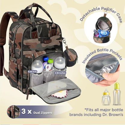 Diaper Bag Backpack-Multifunction Travel Baby Diaper Bag with Changing Pad, Insulated Bottle Holders & Pacifier Case, Large Capacity, Waterproof, Gray