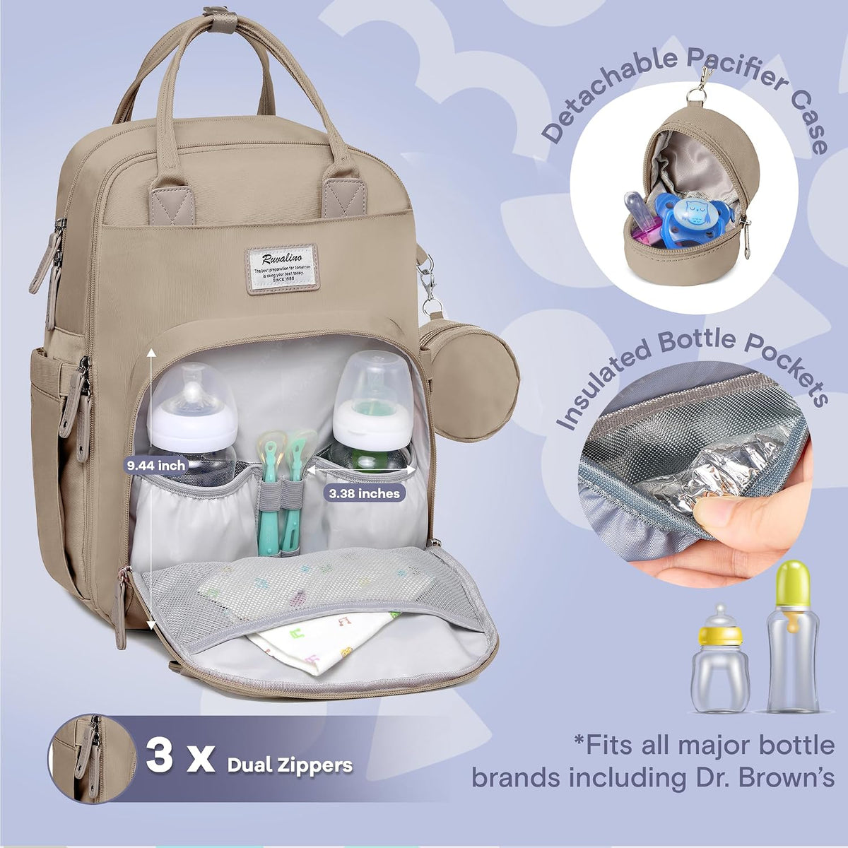 Diaper Bag Backpack-Multifunction Travel Baby Diaper Bag with Changing Pad, Insulated Bottle Holders & Pacifier Case, Large Capacity, Waterproof, Gray