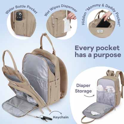 Diaper Bag Backpack-Multifunction Travel Baby Diaper Bag with Changing Pad, Insulated Bottle Holders & Pacifier Case, Large Capacity, Waterproof, Gray