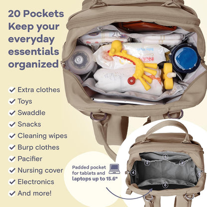 Diaper Bag Backpack-Multifunction Travel Baby Diaper Bag with Changing Pad, Insulated Bottle Holders & Pacifier Case, Large Capacity, Waterproof, Gray