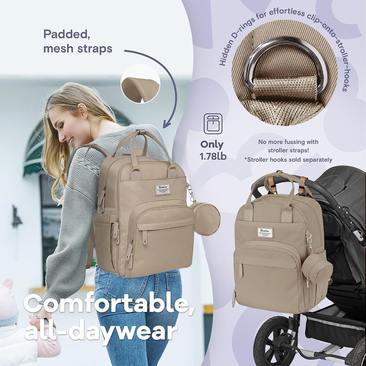 Diaper Bag Backpack-Multifunction Travel Baby Diaper Bag with Changing Pad, Insulated Bottle Holders & Pacifier Case, Large Capacity, Waterproof, Gray