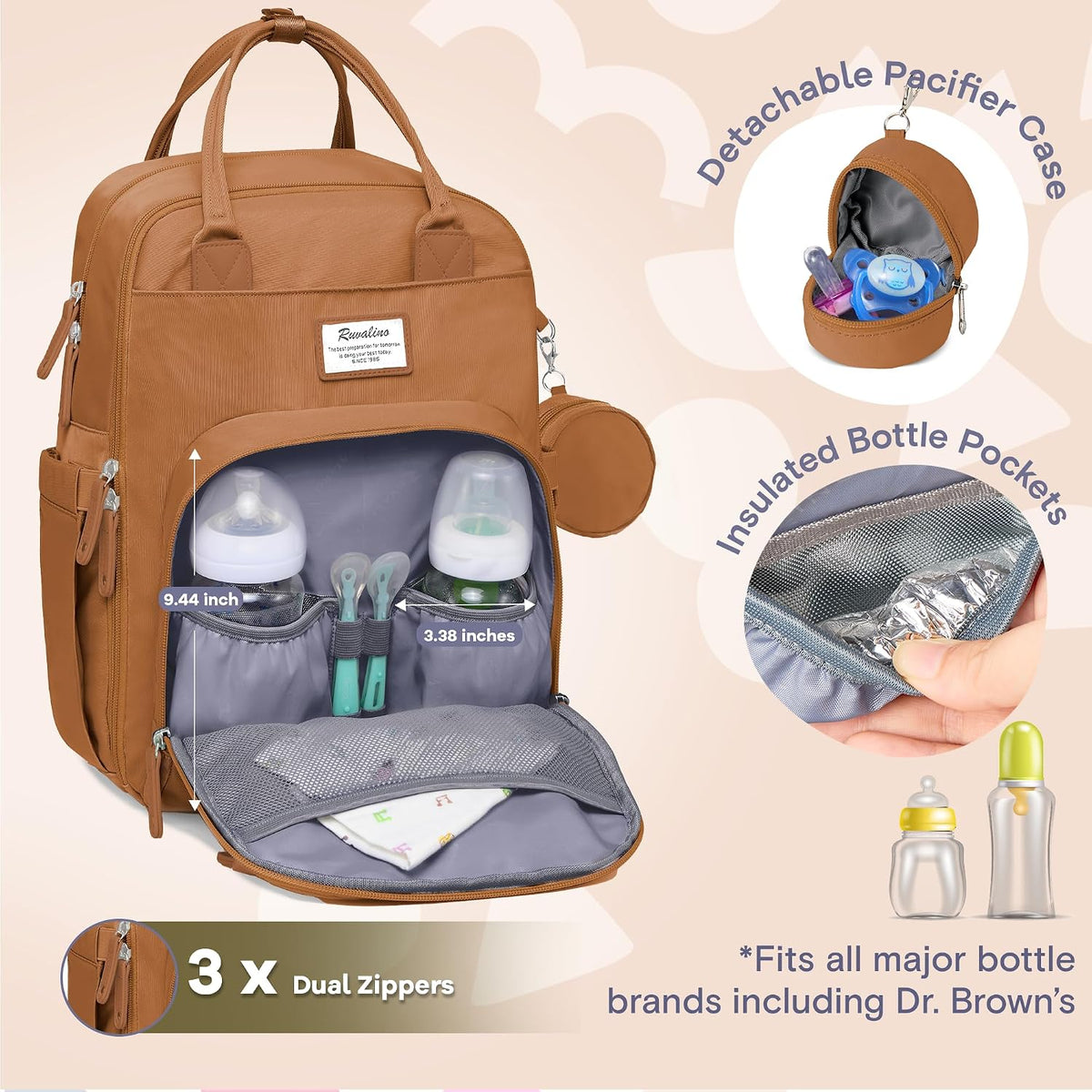 Diaper Bag Backpack-Multifunction Travel Baby Diaper Bag with Changing Pad, Insulated Bottle Holders & Pacifier Case, Large Capacity, Waterproof, Gray