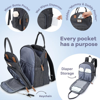 Diaper Bag Backpack-Multifunction Travel Baby Diaper Bag with Changing Pad, Insulated Bottle Holders & Pacifier Case, Large Capacity, Waterproof, Gray