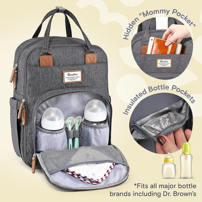 Diaper Bag Backpack-Multifunction Travel Baby Diaper Bag with Changing Pad, Insulated Bottle Holders & Pacifier Case, Large Capacity, Waterproof, Gray