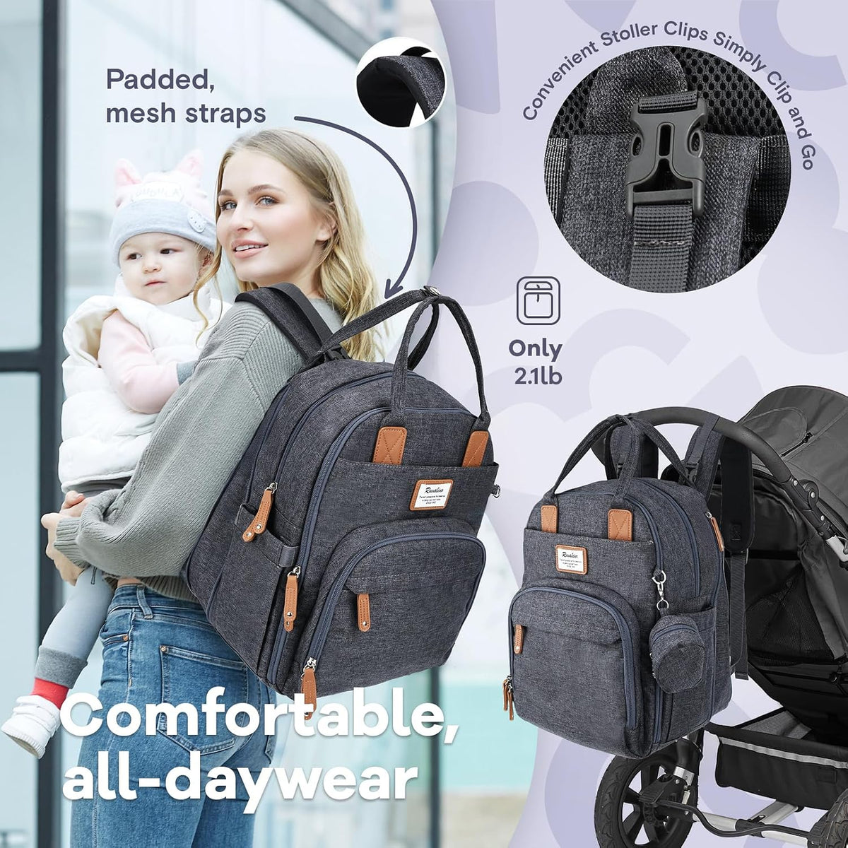 Diaper Bag Backpack-Multifunction Travel Baby Diaper Bag with Changing Pad, Insulated Bottle Holders & Pacifier Case, Large Capacity, Waterproof, Gray