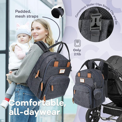 Diaper Bag Backpack-Multifunction Travel Baby Diaper Bag with Changing Pad, Insulated Bottle Holders & Pacifier Case, Large Capacity, Waterproof, Gray