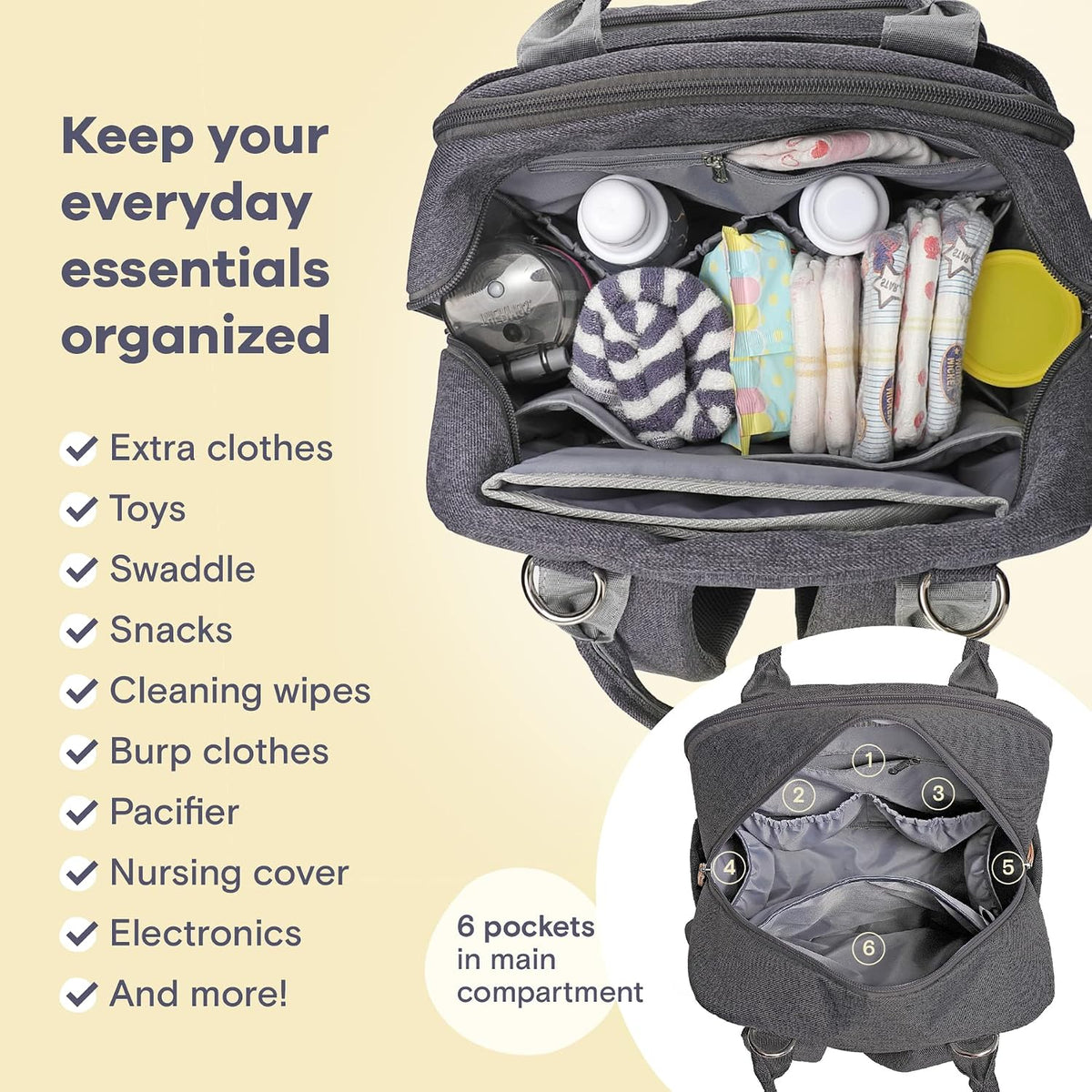 Diaper Bag Backpack-Multifunction Travel Baby Diaper Bag with Changing Pad, Insulated Bottle Holders & Pacifier Case, Large Capacity, Waterproof, Gray