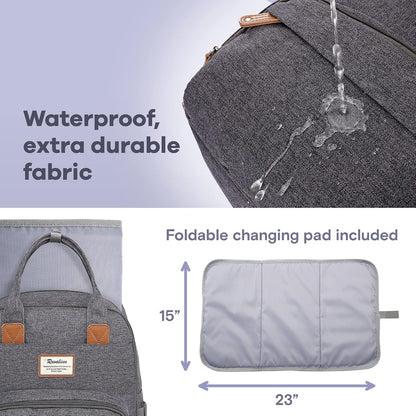 Diaper Bag Backpack-Multifunction Travel Baby Diaper Bag with Changing Pad, Insulated Bottle Holders & Pacifier Case, Large Capacity, Waterproof, Gray