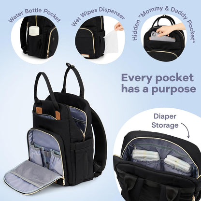 Diaper Bag Backpack-Multifunction Travel Baby Diaper Bag with Changing Pad, Insulated Bottle Holders & Pacifier Case, Large Capacity, Waterproof, Gray