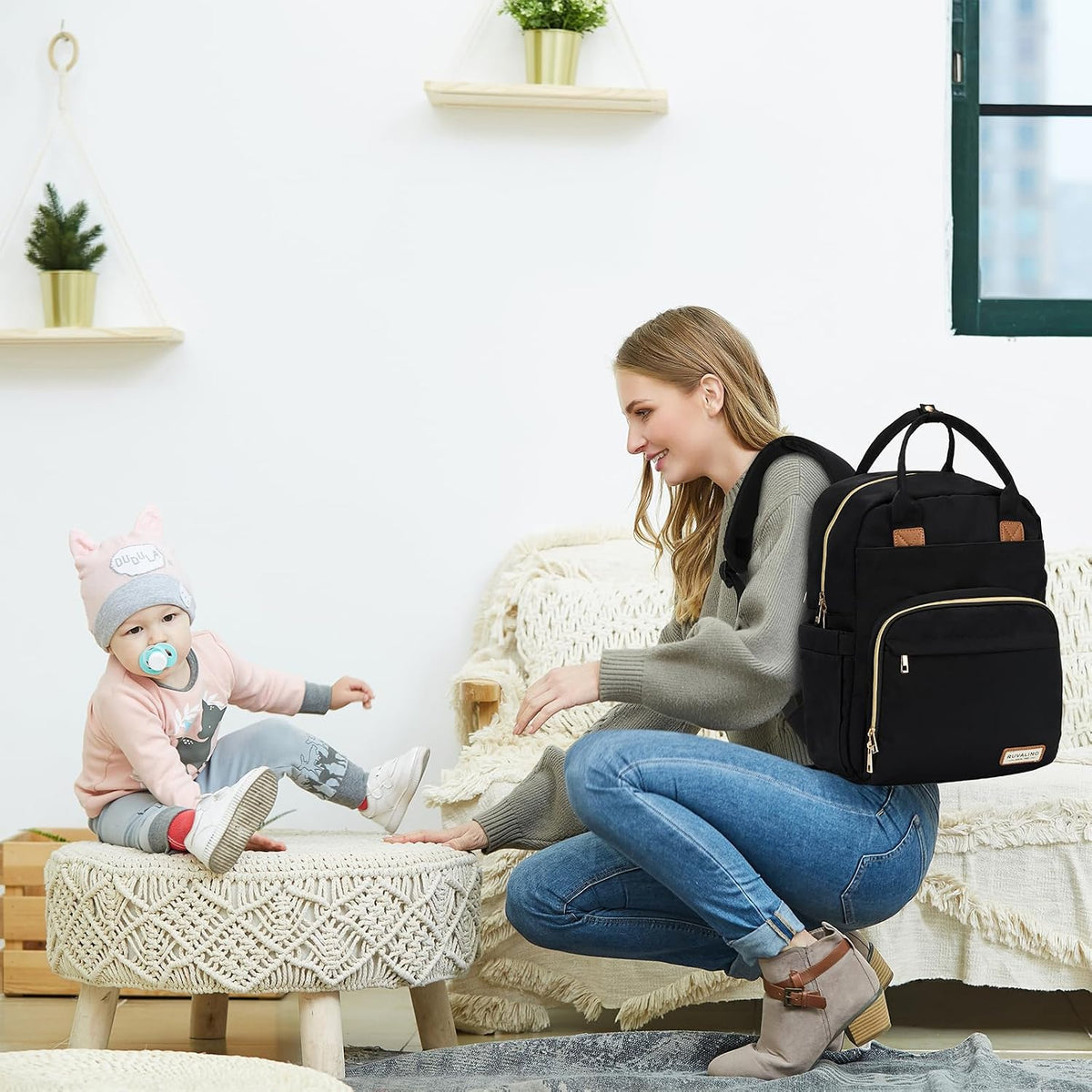Diaper Bag Backpack-Multifunction Travel Baby Diaper Bag with Changing Pad, Insulated Bottle Holders & Pacifier Case, Large Capacity, Waterproof, Gray