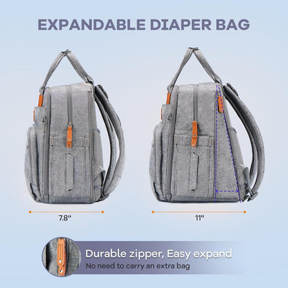 Diaper Bag Backpack-Multifunction Travel Baby Diaper Bag with Changing Pad, Insulated Bottle Holders & Pacifier Case, Large Capacity, Waterproof, Gray