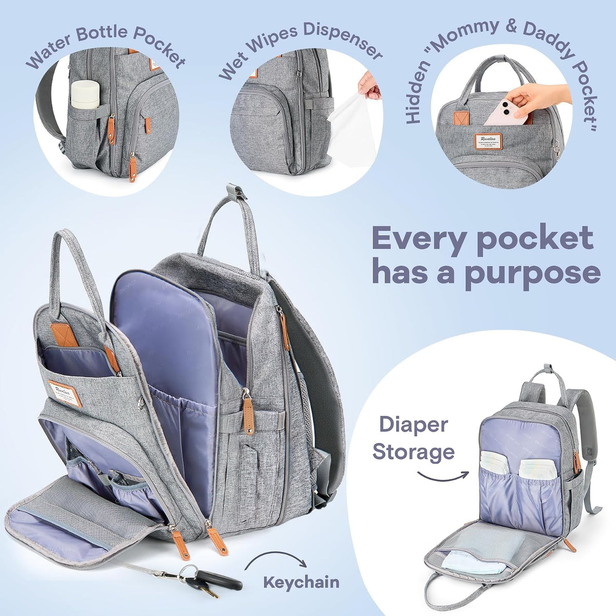 Diaper Bag Backpack-Multifunction Travel Baby Diaper Bag with Changing Pad, Insulated Bottle Holders & Pacifier Case, Large Capacity, Waterproof, Gray