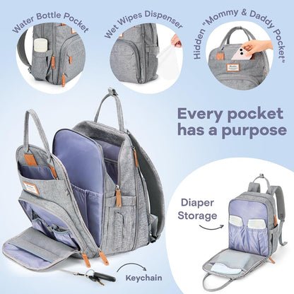 Diaper Bag Backpack-Multifunction Travel Baby Diaper Bag with Changing Pad, Insulated Bottle Holders & Pacifier Case, Large Capacity, Waterproof, Gray