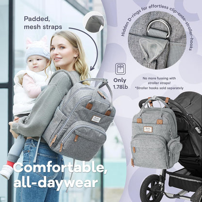 Diaper Bag Backpack-Multifunction Travel Baby Diaper Bag with Changing Pad, Insulated Bottle Holders & Pacifier Case, Large Capacity, Waterproof, Gray
