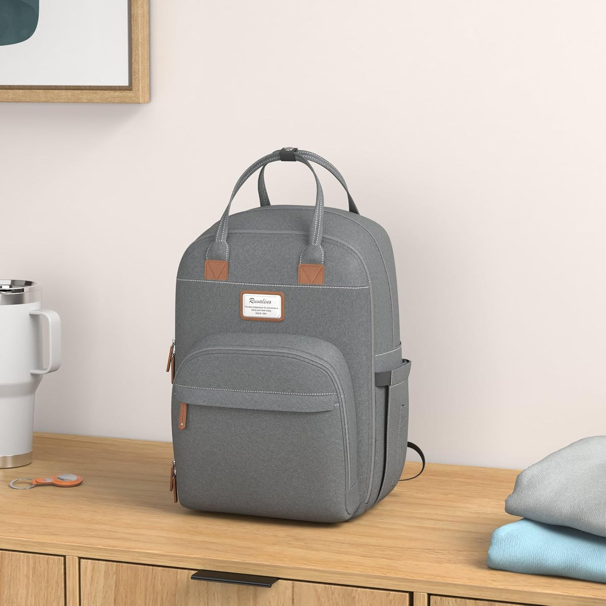 Diaper Bag Backpack-Multifunction Travel Baby Diaper Bag with Changing Pad, Insulated Bottle Holders & Pacifier Case, Large Capacity, Waterproof, Gray