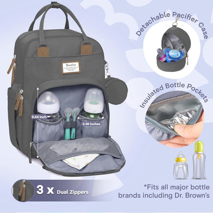 Diaper Bag Backpack-Multifunction Travel Baby Diaper Bag with Changing Pad, Insulated Bottle Holders & Pacifier Case, Large Capacity, Waterproof, Gray