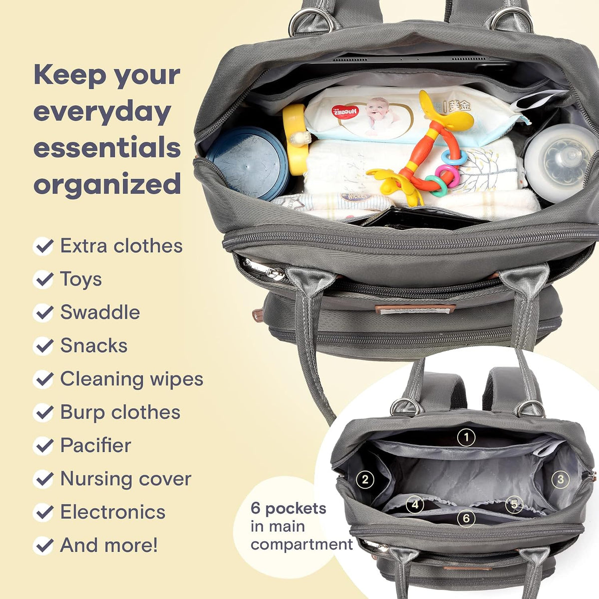 Diaper Bag Backpack-Multifunction Travel Baby Diaper Bag with Changing Pad, Insulated Bottle Holders & Pacifier Case, Large Capacity, Waterproof, Gray