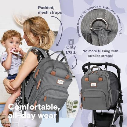 Diaper Bag Backpack-Multifunction Travel Baby Diaper Bag with Changing Pad, Insulated Bottle Holders & Pacifier Case, Large Capacity, Waterproof, Gray