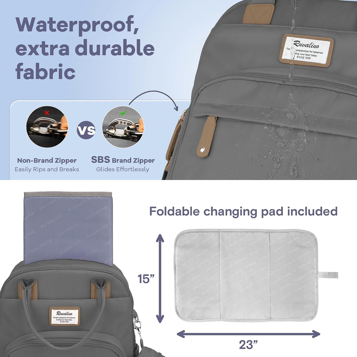 Diaper Bag Backpack-Multifunction Travel Baby Diaper Bag with Changing Pad, Insulated Bottle Holders & Pacifier Case, Large Capacity, Waterproof, Gray