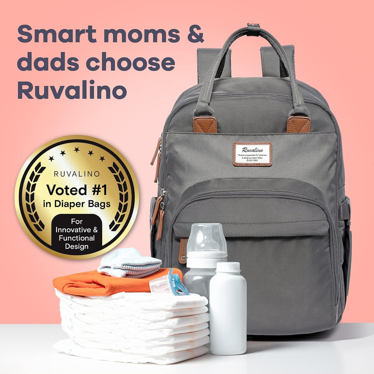 Diaper Bag Backpack-Multifunction Travel Baby Diaper Bag with Changing Pad, Insulated Bottle Holders & Pacifier Case, Large Capacity, Waterproof, Gray