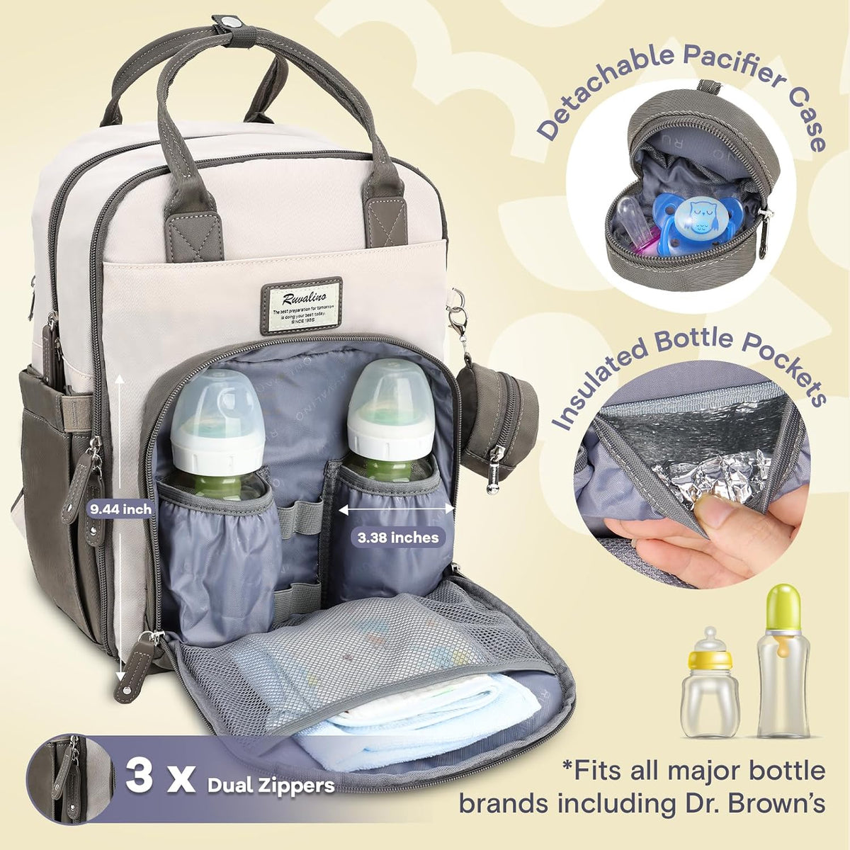 Diaper Bag Backpack-Multifunction Travel Baby Diaper Bag with Changing Pad, Insulated Bottle Holders & Pacifier Case, Large Capacity, Waterproof, Gray