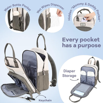 Diaper Bag Backpack-Multifunction Travel Baby Diaper Bag with Changing Pad, Insulated Bottle Holders & Pacifier Case, Large Capacity, Waterproof, Gray