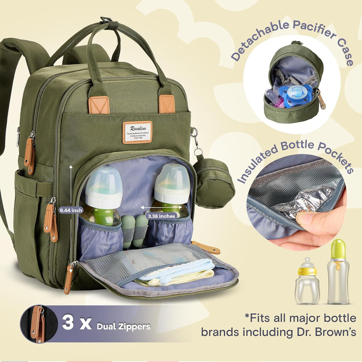 Diaper Bag Backpack-Multifunction Travel Baby Diaper Bag with Changing Pad, Insulated Bottle Holders & Pacifier Case, Large Capacity, Waterproof, Gray