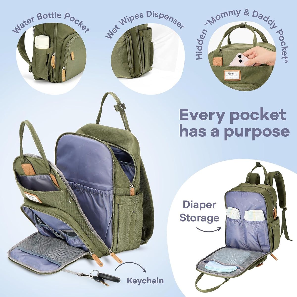Diaper Bag Backpack-Multifunction Travel Baby Diaper Bag with Changing Pad, Insulated Bottle Holders & Pacifier Case, Large Capacity, Waterproof, Gray
