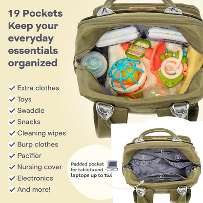 Diaper Bag Backpack-Multifunction Travel Baby Diaper Bag with Changing Pad, Insulated Bottle Holders & Pacifier Case, Large Capacity, Waterproof, Gray