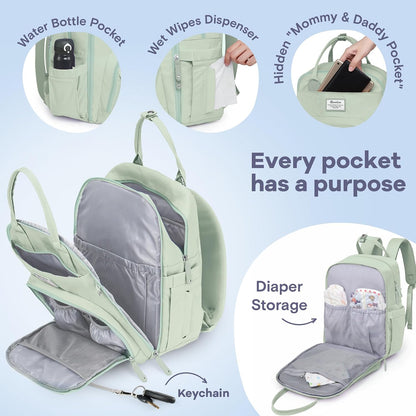 Diaper Bag Backpack-Multifunction Travel Baby Diaper Bag with Changing Pad, Insulated Bottle Holders & Pacifier Case, Large Capacity, Waterproof, Gray