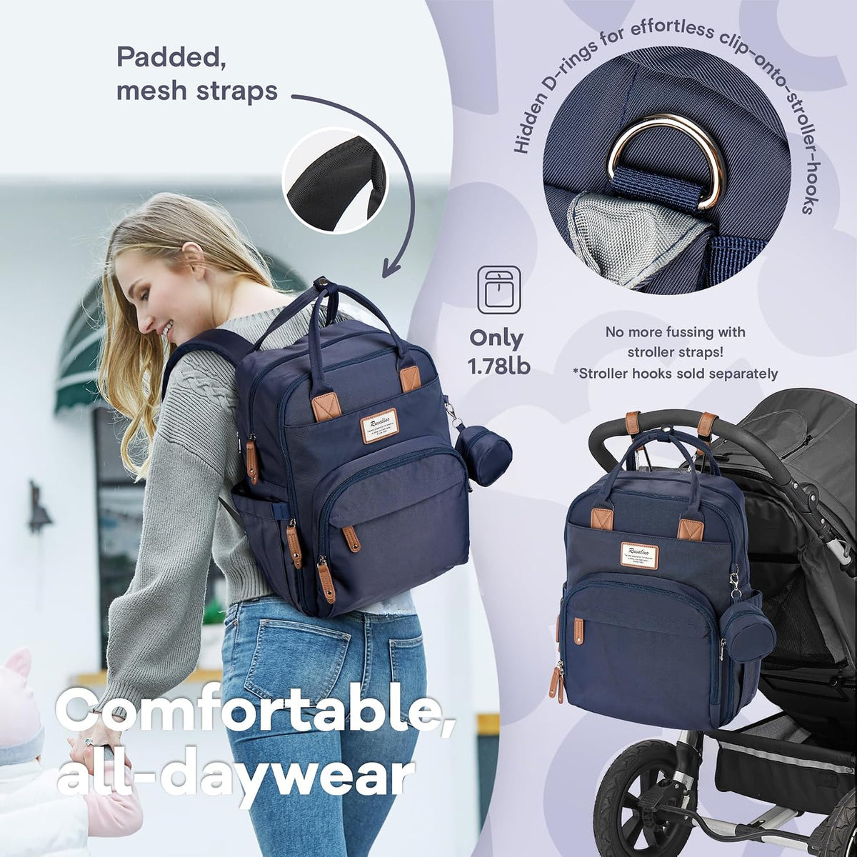 Diaper Bag Backpack-Multifunction Travel Baby Diaper Bag with Changing Pad, Insulated Bottle Holders & Pacifier Case, Large Capacity, Waterproof, Gray