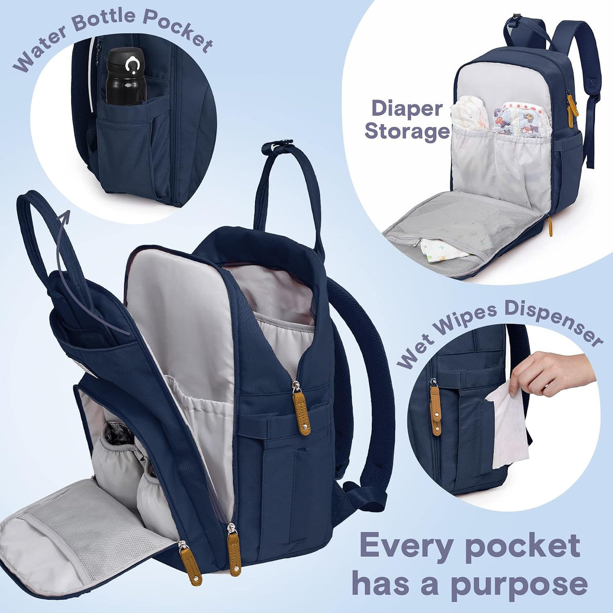 Diaper Bag Backpack-Multifunction Travel Baby Diaper Bag with Changing Pad, Insulated Bottle Holders & Pacifier Case, Large Capacity, Waterproof, Gray