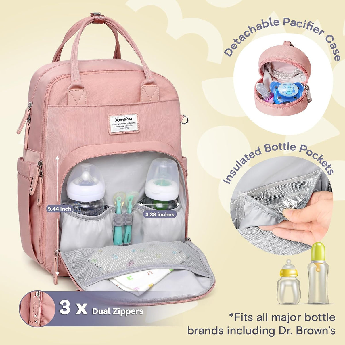 Diaper Bag Backpack-Multifunction Travel Baby Diaper Bag with Changing Pad, Insulated Bottle Holders & Pacifier Case, Large Capacity, Waterproof, Gray