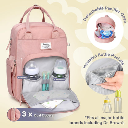 Diaper Bag Backpack-Multifunction Travel Baby Diaper Bag with Changing Pad, Insulated Bottle Holders & Pacifier Case, Large Capacity, Waterproof, Gray